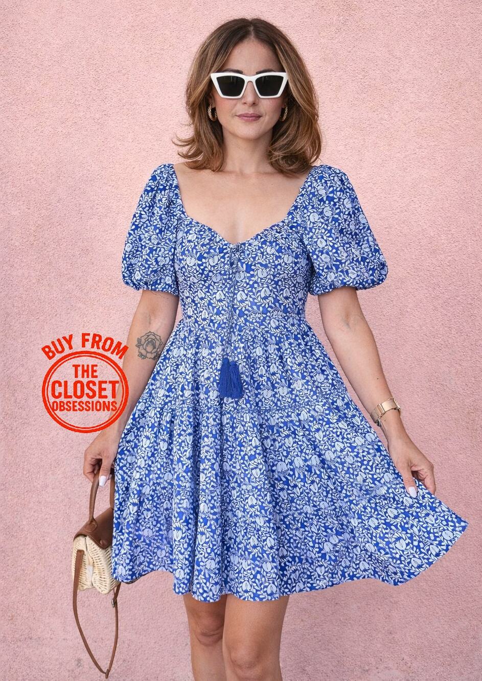 Zara NWT Blue White Cotton Floral Smocked Mini Dress M L - Picture 1 of 16